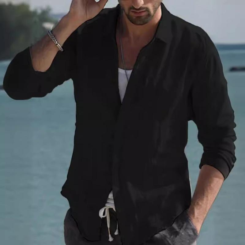 Men's Cross-Border Linen Spring and Summer Beach Long Sleeve Solid Color Casual Shirt Daily Shirt