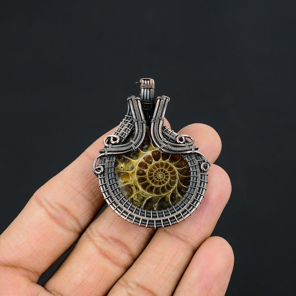 Ammonite Fossil Jewelry, 999 Copper Wire Wrapped Gemstone Bracelet, Handmade Jewelry, For Memorial Day