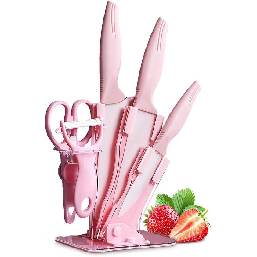 

Керамический, 6-предметный розовый керамический набор для кухни с акриловой подставкой, ультра-острый кухонный набор для приготовления пищи с керамической овощечисткой и ножницами для дома, семьи розовый