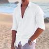 2026 New Men's Shirt Cotton Linen Fashion Casual Polo Neck Beach Shirt Long Sleeve Solid Hawaiian Holiday Shirts