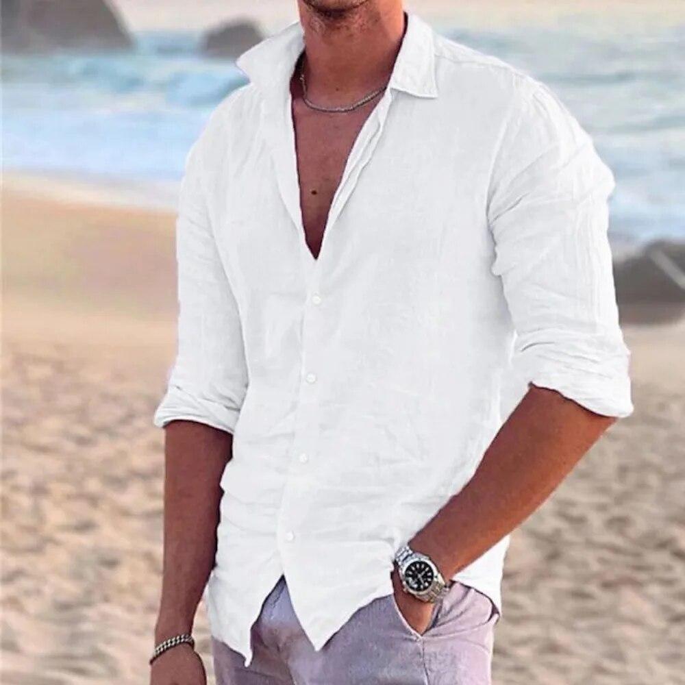 2026 New Men's Shirt Cotton Linen Fashion Casual Polo Neck Beach Shirt Long Sleeve Solid Hawaiian Holiday Shirts