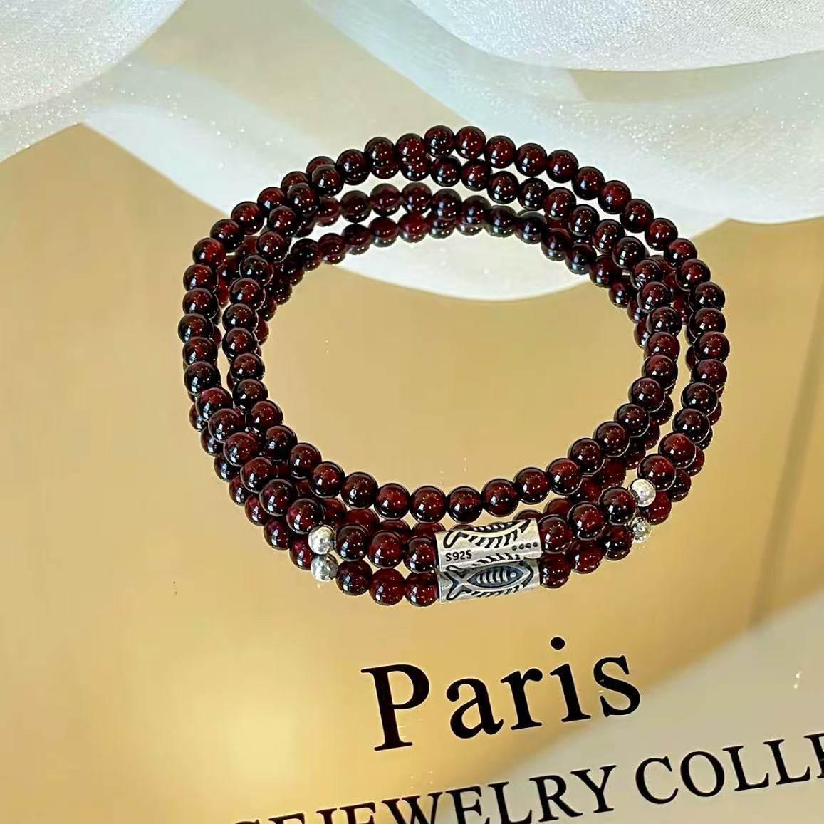 Putuo Mountain Wenya Collection Natural Double-Circle Small Fish Garnet Bracelet S9Silver Bracelet Gift - Putuo Mountain Cultural and Creative Hongfu Double Circle Garn