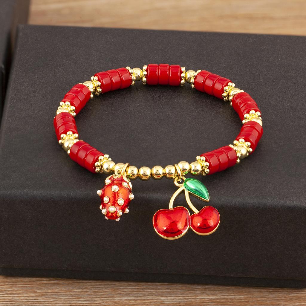 Nidin Fashion Cherry Shape Heart Red Beads Chain Bracelet For Women 3 Styles Choice Daily Versatile Jewelry Accessories Gifts