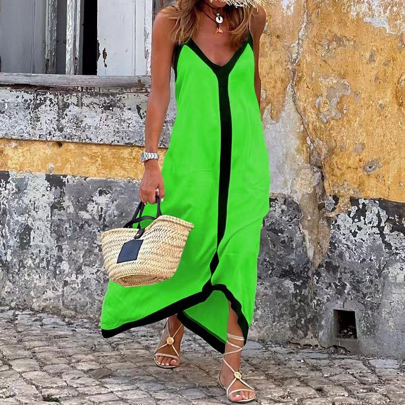 

New Arrival Fashion Colorblock Sexy Sling Mid-Length Vacation Style Dress Olored Suspension Dress Green M