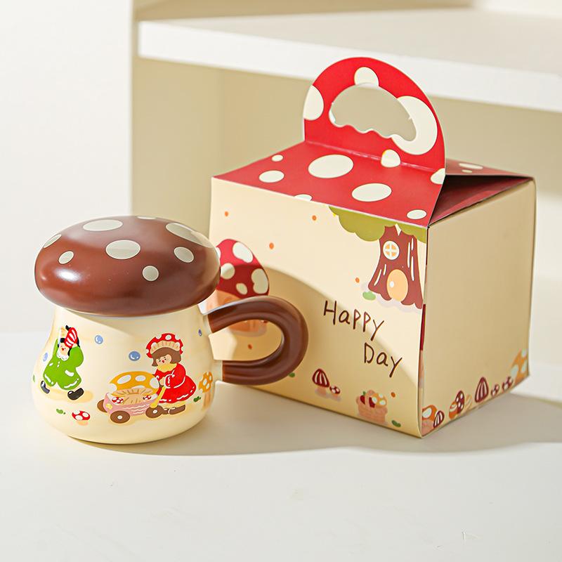 Hrnček Houbičková dívka Vysoce hodnotný suvenýrový dárek Roztomilý kreslený keramický hrnek s víčkem Velkokapacitní hrnek na pití