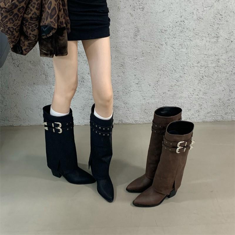 2025 Herbst und Winter neue Retro American Spice Girl Nieten Ritterstiefel Skinny Stiefel Hohe Grobe Absatzstiefel Hose Hosenstiefel Damen