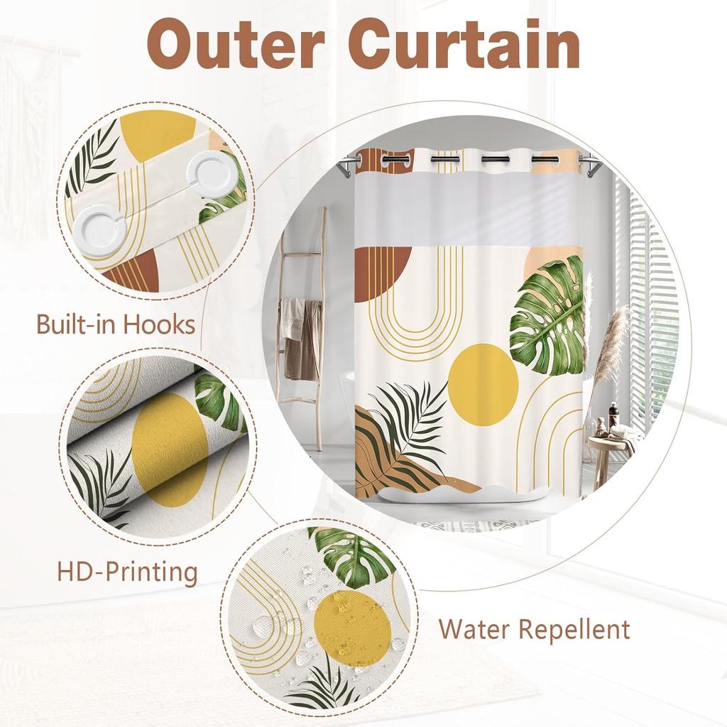 No Hook Shower Curtain with Snap in Liner and Liner Set, Boho Mid Century Green Leaf Shower Curtains for Bathroom Decor 71x74 in