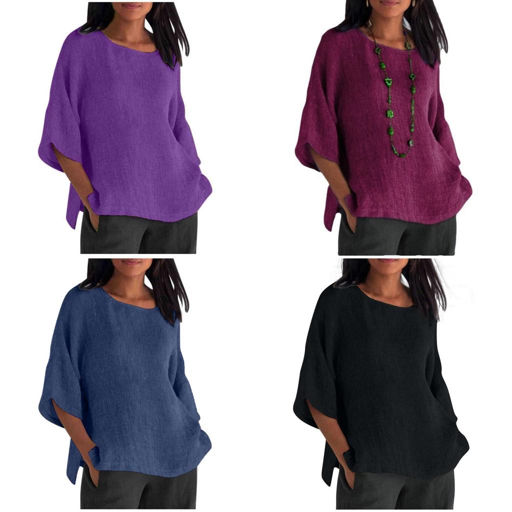 Cotton Linen Blouse For Women With Round Neck And Seven Quarter Sleeves For Casual Office Wear