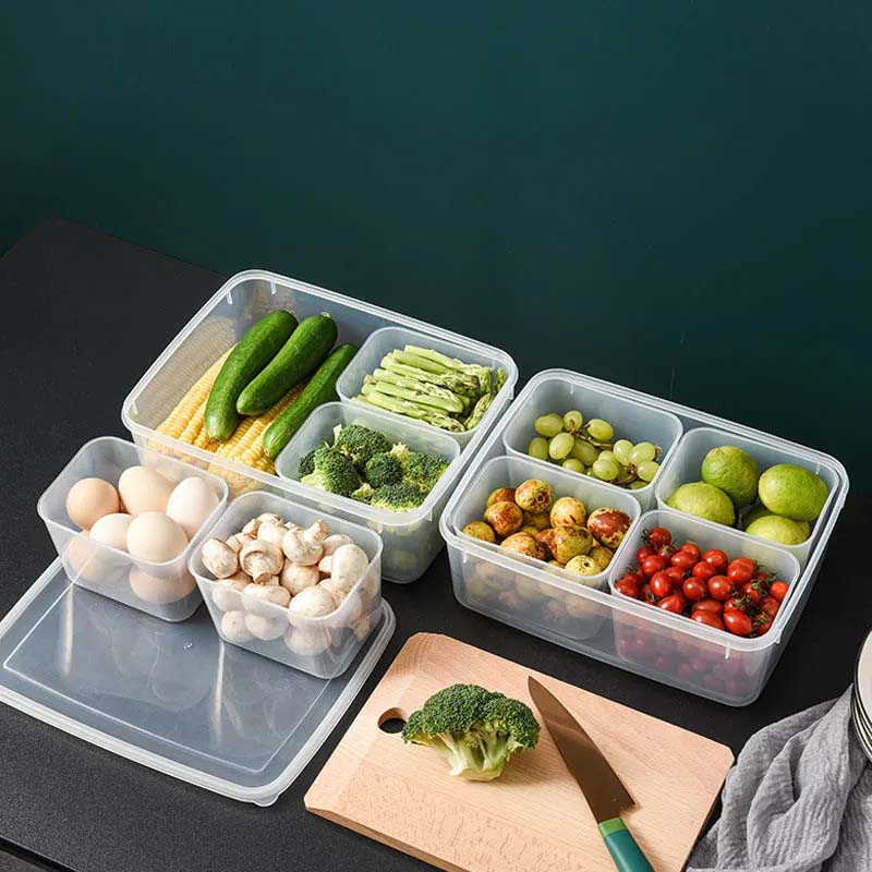 4 Compartments Fresh-keeping Box Storage Refrigerator Freezer Container Microwave Heating Plastic Box Food Grade PP Vegetable Fruit Sealed Box