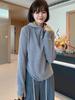 Design-Forward Color-Block Plush Hooded T-Shirt for Women, Long-Sleeve, Double-Sided, Half-Zip Base Layer, Spring/Autumn Style.