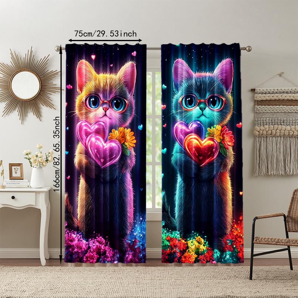 Set Of 2 Colorful Dream Cat Printed Window Curtain Treatment Bedroom Office Kitchen Living Room Study Home For Sitting Made Polyester With Rod Pocket