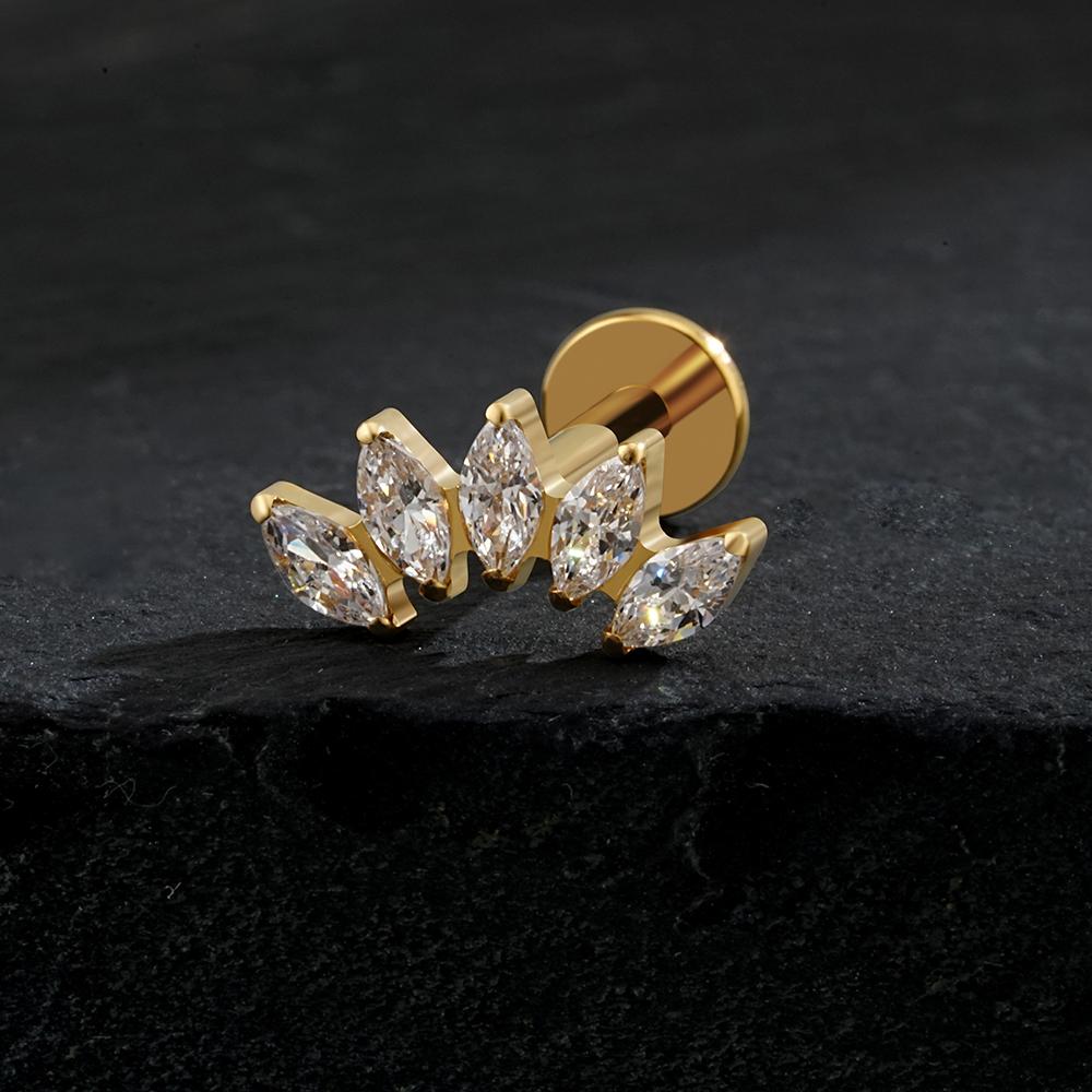 Right Grand ASTM F136 Titanium 5 Marquise CZ Crown Cartilage Earring 16G Cluster CZ Flat Back Helix Stud Nose Piercing Jewelry
