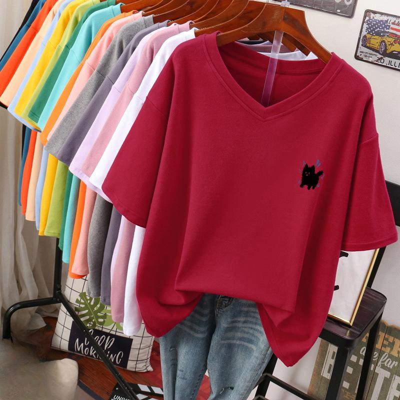 Kortarmet T-skjorte for kvinner, Stor størrelse, Løs og slankende, Trykket V-hals topp