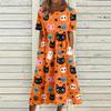 Women Halloween Print Casual Crew Neck Pocket Dress Short Sleeve Loose Fit Holiday Themed Midi Dress Comfortable Style
