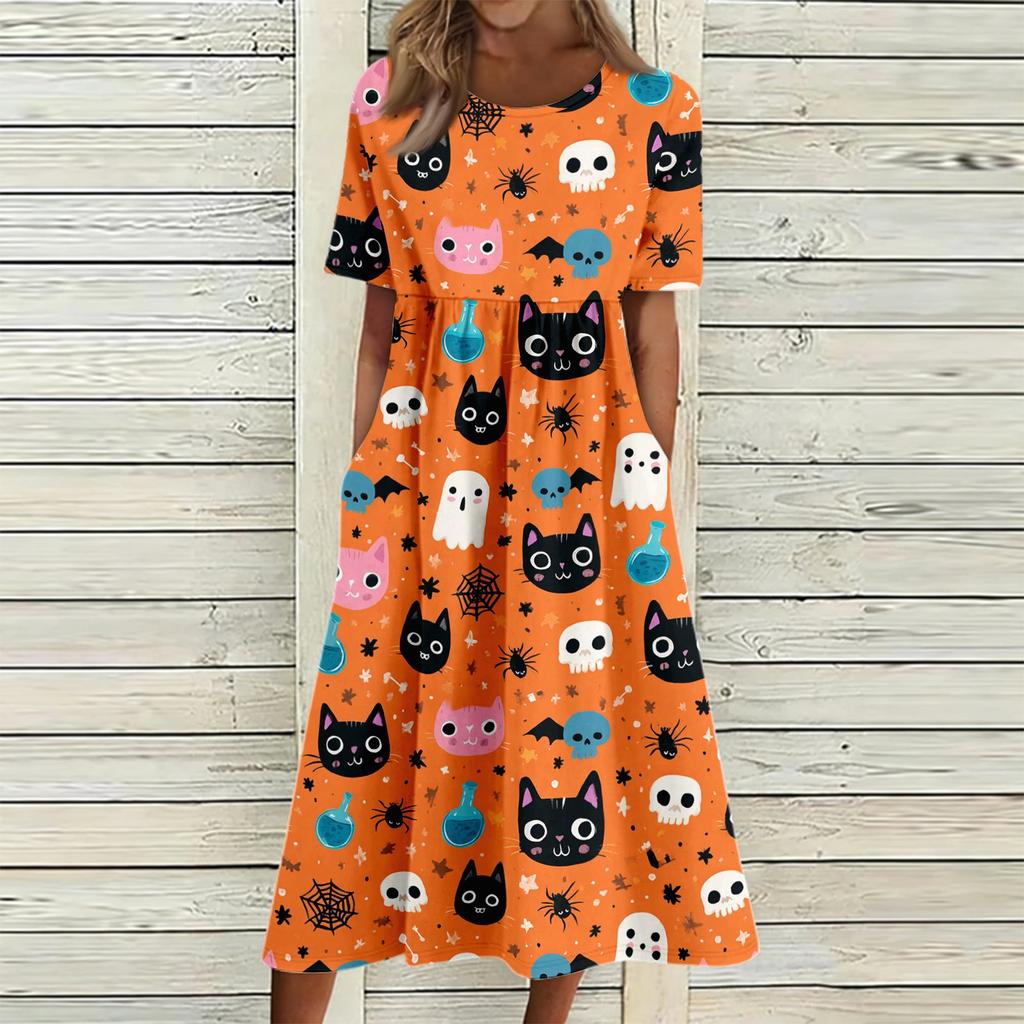 Women Halloween Print Casual Crew Neck Pocket Dress Short Sleeve Loose Fit Holiday Themed Midi Dress Comfortable Style