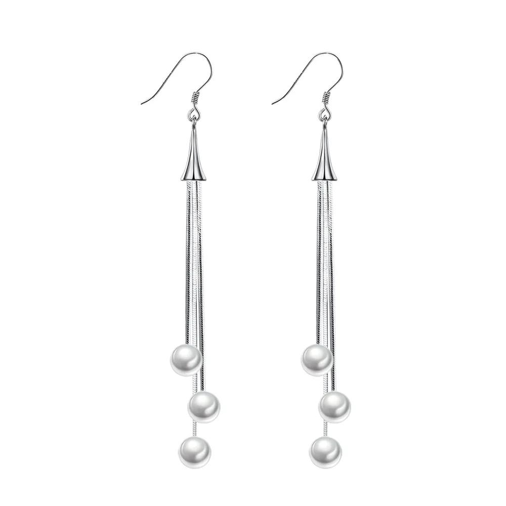 

Tassel Sterling Pearl Drop Earrings for Women Silver Needle Long Dangle Hanging Earring Fashion Wedding Ear Gift срібний