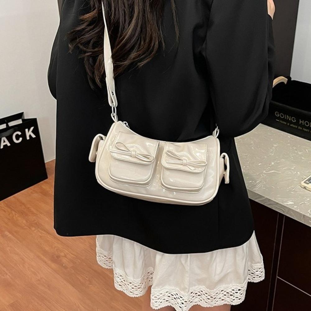 Multiple Pockets Bow Crossbody Bag Y2K Women Handbag Portable PU Leather Underarm Bag Outdoor