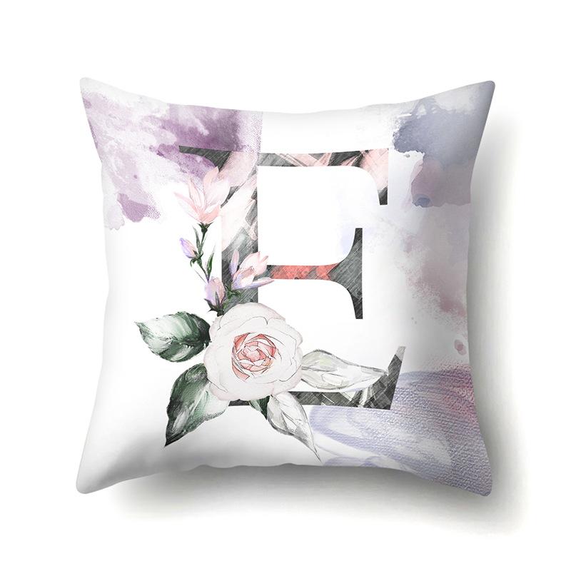 Polyester Pillowcase Home Watercolor Flower Print Pillowcase 26 English Letters Bedside Cushion Cover