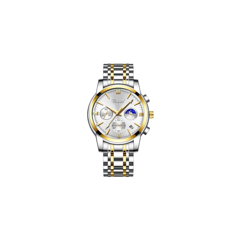 DIZIZID Men s Analog Quartz Chronograph Watch 3ATM Waterproof Stainless Steel Date Display Gold and White