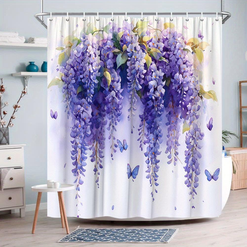 1pc Cascading Wisteria and Blue Butterfly Shower Curtain - Fantasy Watercolor Floral Pattern, Polyester Fabric, Machine Washable