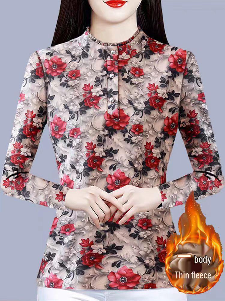 Neues Blumen-Stehkragen-Knopf-Oberteil - Fleecefutter Langarm für Frauen mittleren und höheren Alters, perfekt für Herbst/Winter