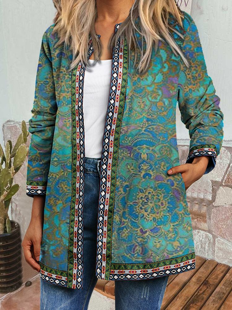 Women's Crew Neck Long Sleeve Cardigan Oversized Vintage Ethnic Print Plus Size Open Front Jacket Casual Outerwear
