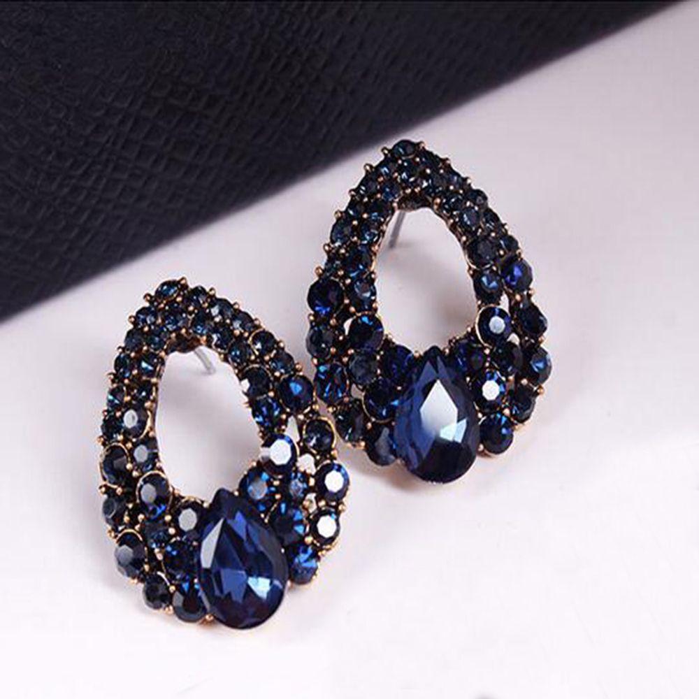 Women Vintage Style Fashion Blue Rhinestone Dangle Ear Stud Earrings Jewelry Natural Water Droplets