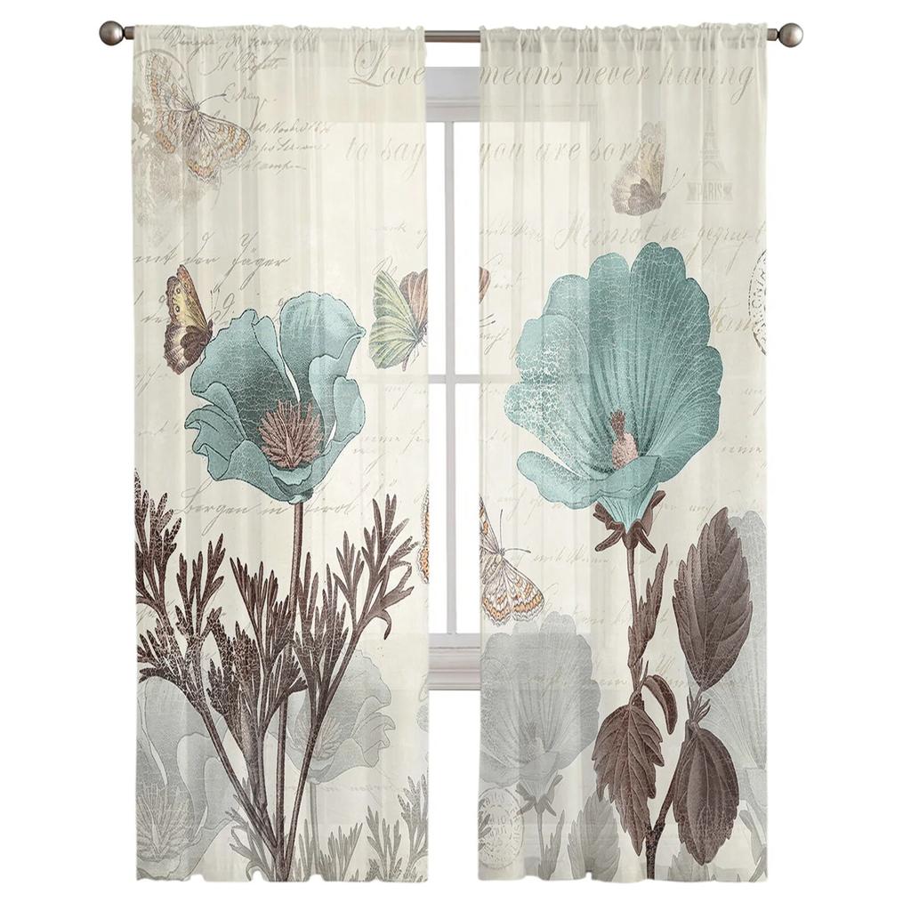 Vintage Tulpen Blumen Schmetterlinge Schlafzimmer Transparente Gardinen Urlaub Dekoration Fenster Voile Tüll Vorhang