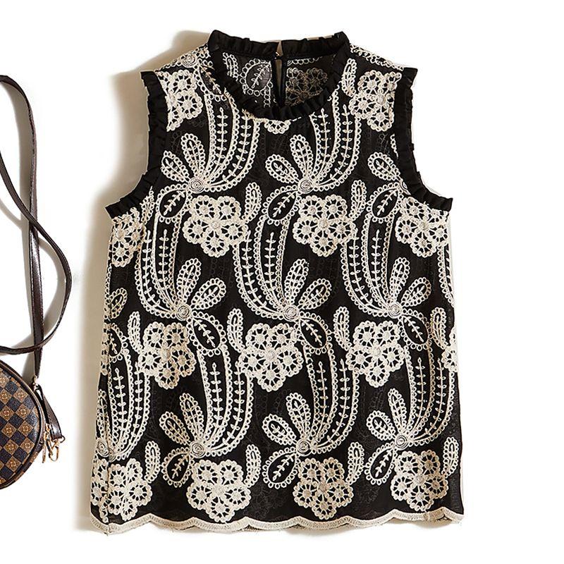 

Rare Elegant Good Products! Organza Small Stand Collar Sleeveless Cotton Stitched Pattern Attached Layered t-shirt Women Summer Stylish Black L