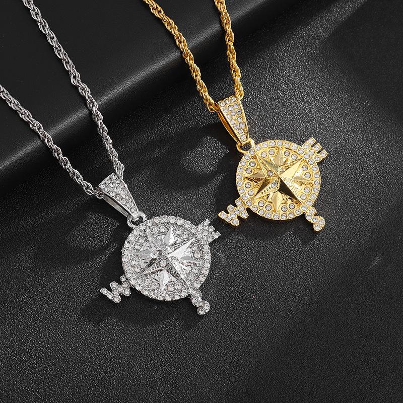 European and American Compass Compass Shaped Personalized Pendant Full of Zircon Trendy Brand Mens Necklace Accessories