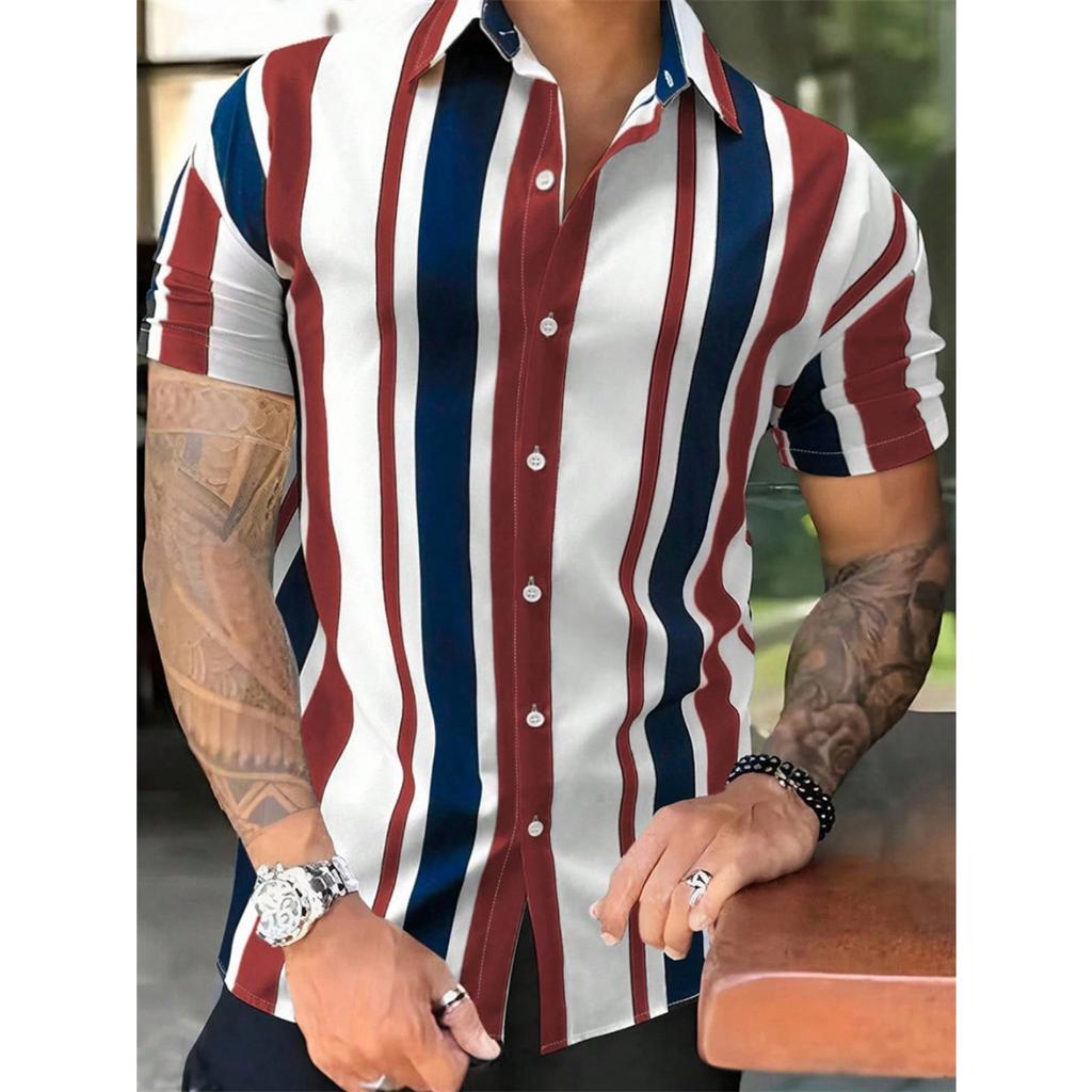 Men's Hawaiian Shirt 3D Stripe Print Short Sleeve Summer Loose Casual Large Size Simple Fashion Lapel Button Men's Tops