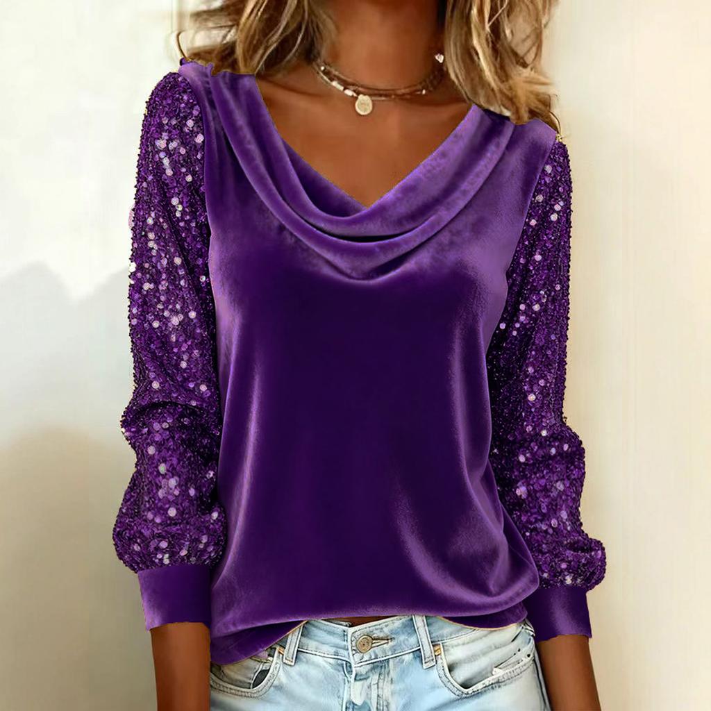 Ladies' Fashionable Casual Pile Collar Sequin Splicing Long Sleeved T-shirt Top