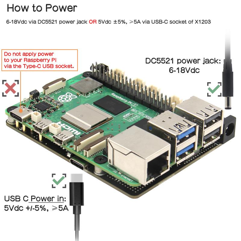 Geekworm X1203 USV 5.1V 5A Shield & Power Management Board für Raspberry Pi 5