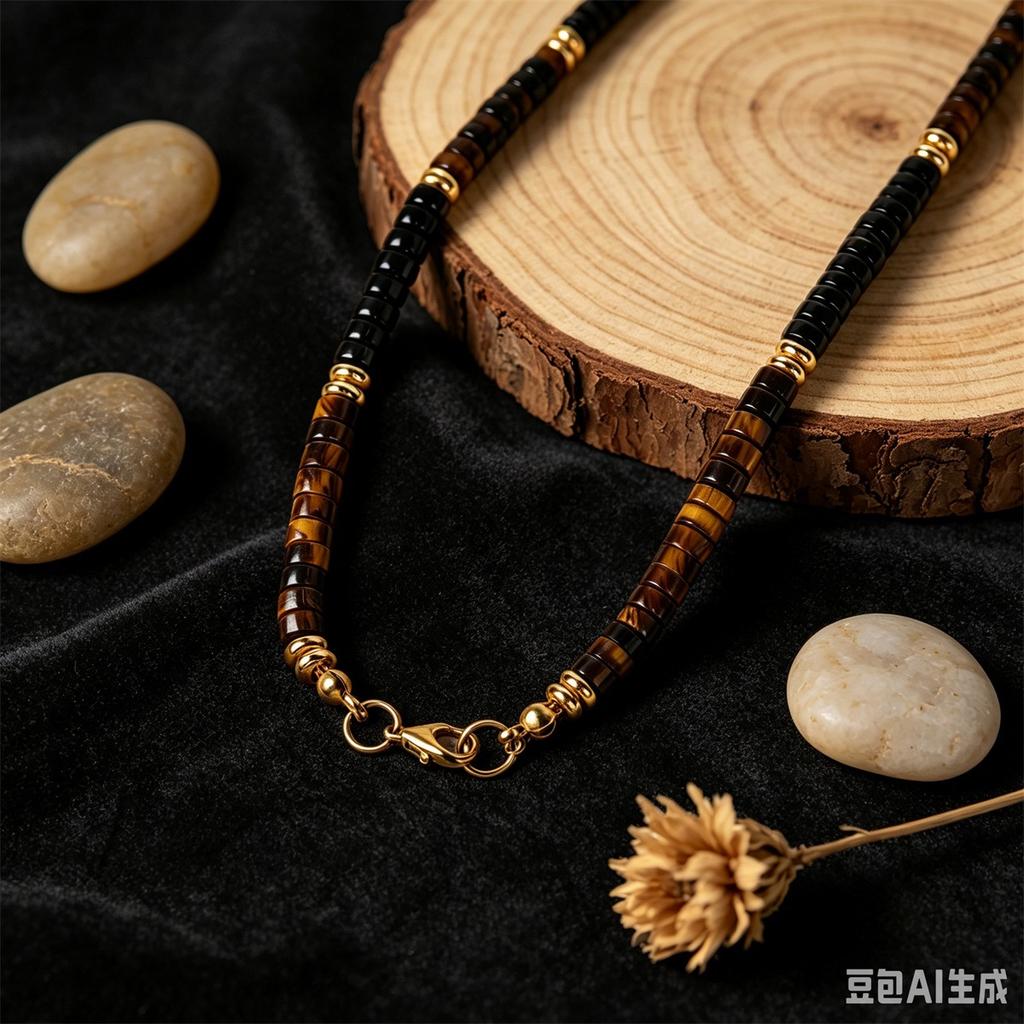 Retro tiger's eye stone black agate beaded collarbone chain European and American neutral wind handmade necklace