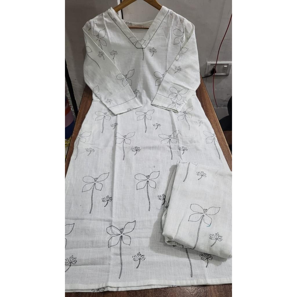 Indian Designer Cotton White Kurti Women Bollywood Top Tunic Kurta Pant Set SC-2281a1