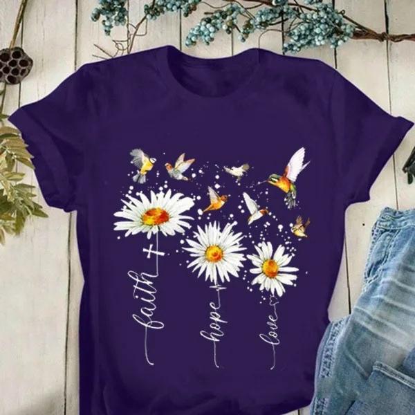 Faith Hope Love Daisy Print T Shirt Women Short Sleeve O Neck Loose Tshirt Summer Women Tee Shirt Tops Camisetas Mujer