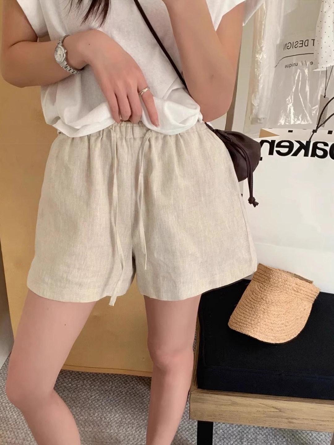 Women s Petite White Linen A-Line Shorts, Summer 2026 Style - Loose Fit, Slimming Elastic Waist, Casual Wide-Leg Design. Small