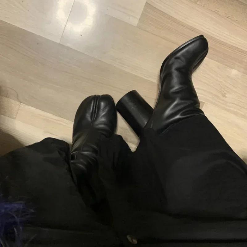 Luxusmarken-Design Leder Tabi Stiefel Mode Runde Klobige Hohe Absätze Stiefeletten Für Damen Herbst Winter Zehenschuhe