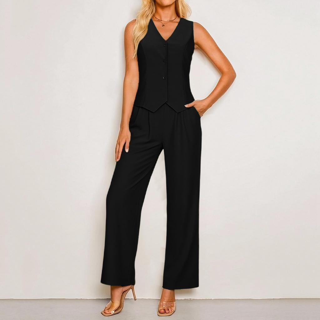 Women's Casual Summer Linen Two-Piece Sleeveless Top High Waist Trousers Beach Vacation Set