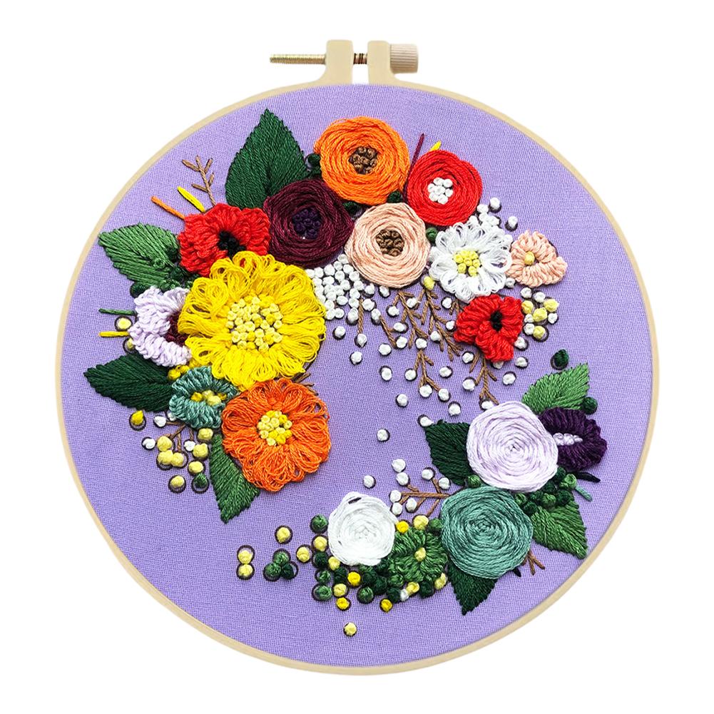 Flower Stamped Cross Stitch Embroidery Kits with Hoop Cloth Color Thread