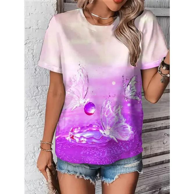 Sommer Rundhals Blumen Schmetterling Muster 3D Druck Top Modische Lässige Kurzarm Damen T-Shirts