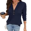 New Autumn-winter Pure Color V-neck Button-up Loose-fitting Long-sleeved T-shirt for Women