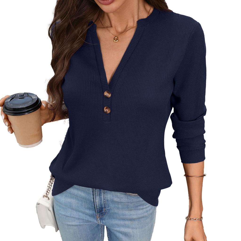 New Autumn-winter Pure Color V-neck Button-up Loose-fitting Long-sleeved T-shirt for Women