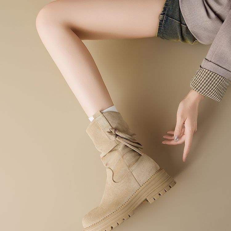 Kurze Stiefel Plateau-Stiefel Herbst/Winter 2025 Neu Ladmartin Vintage Western Midtube Stiefel mit Plüschfutter