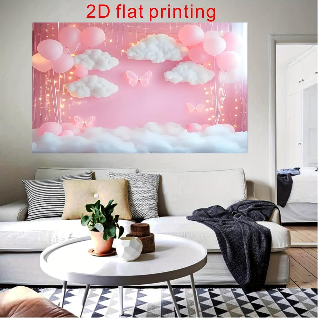 Un tissu de fond plat polyester 2D rose avec des motifs de papillon, de fleur, de nuage et de ballon, adapté aux fêtes