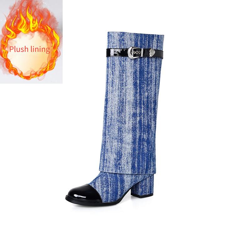 Módní značka Hovězí kůže+denim Kožená přezka Dlouhé kozačky Podzim Zima Kořeněné dívky 5,5cm Vysoké podpatky Módní Kozačky po koleno Dámské Denimové kozačky 44