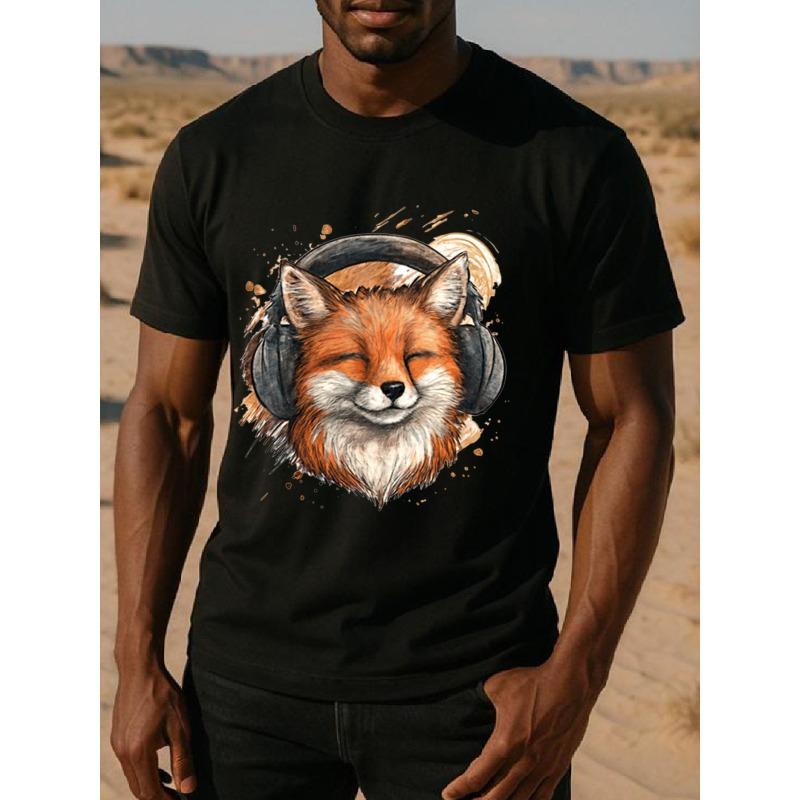 

European Size Men s Polyester Short-Sleeve T-Shirt with Listening Fox Music Print - Breathable Round Neck Casual Tee, Fox & Song Note Design 4XL