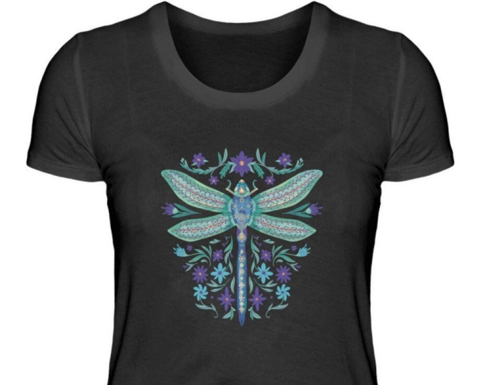 Dragonfly Floral T-shirt Women Animal Motif Nature Colorful Flower Dragonfly Butterfly Shirt Woman Animal Motif Dragonfly Flowers Graphic S