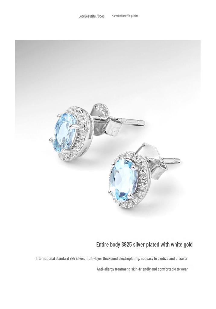 Natural Aquamarine Stud Earrings - S925 Sterling Silver, Blue Crystal, Versatile Ins Style, High-End Women’s Summer Accessories.