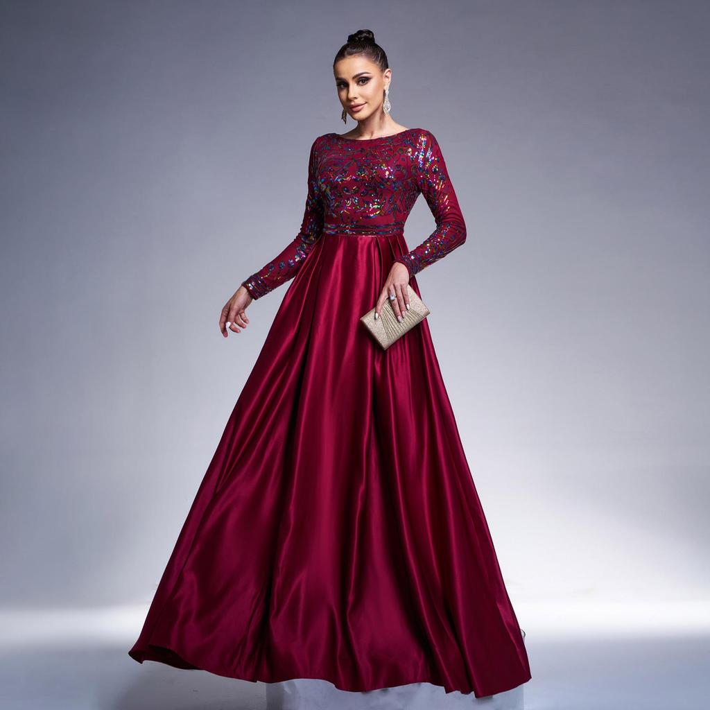 Elegantes europäisches & amerikanisches Langarm-Pailletten-Abendkleid